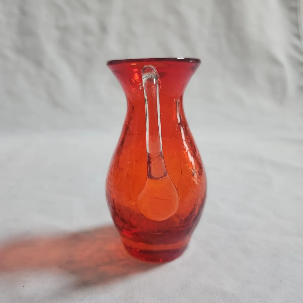 Vintage Red Orange Crackle Blown Art Glass Creamer